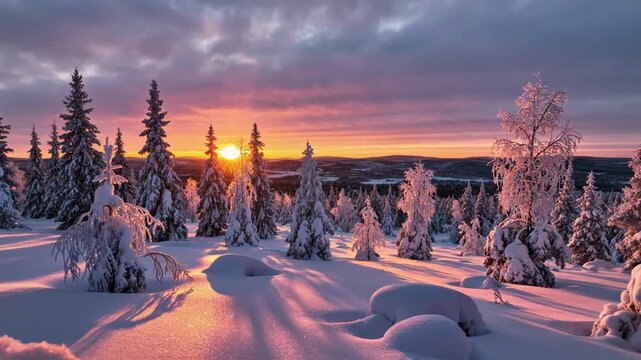 Golden sunset over snowy pine forest with hanging icicles