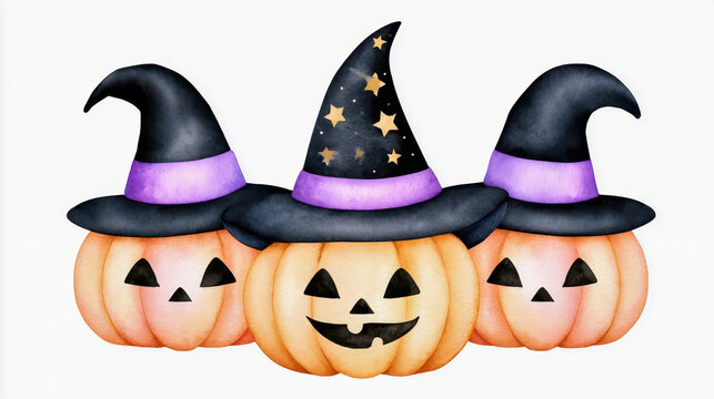 Halloween pumpkin witch hat cute hand drawn texture craft trio watercolor illustration with orange squash, black cap, purple band