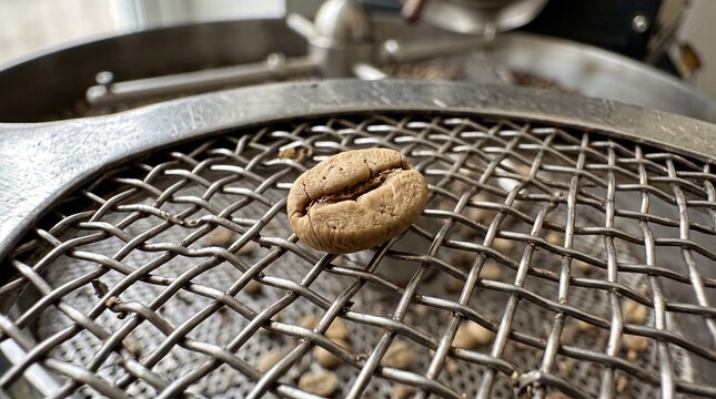 Single roasted coffee bean on metal mesh tray of roaster.