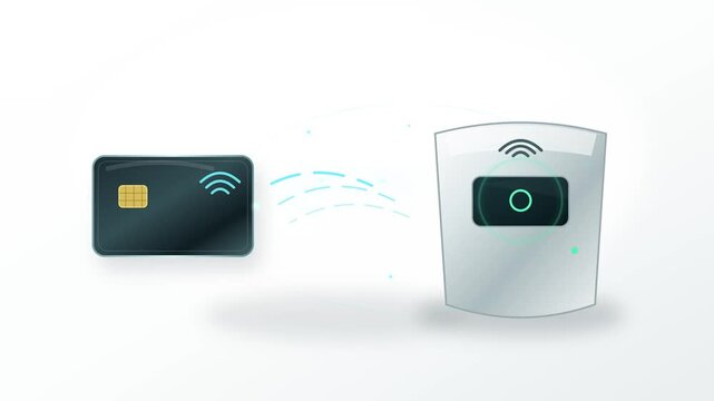 Bank card contactless payment to sleek terminal with glowing security waves in clean seamless loop