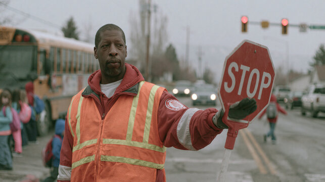 Crossing guard holding a stop sign near a yellow school bus on street.