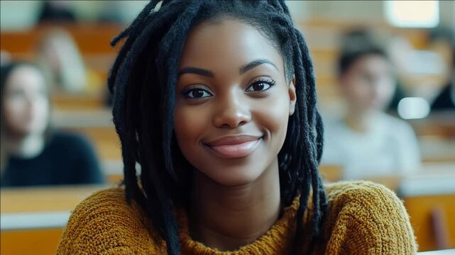Happy student with dreadlocks and brown sweater