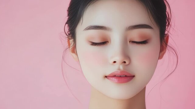 A close portrait of a young Asian female with delicate facial features, wearing subtle make-up, focused expression, set on a pastel pink backdrop.