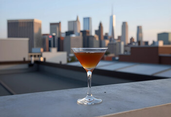 Fototapeta premium Martini glass with a brown cocktail on a rooftop ledge overlooking a city skyline at sunset, Urban leisure and sophisticated nightlife
