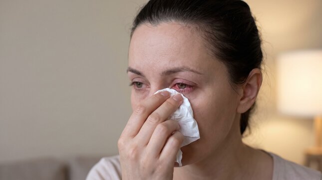 Close-up of a woman dabbing her red, irritated eye with a white tissue, suffering from a severe conjunctivitis or pink eye infection.