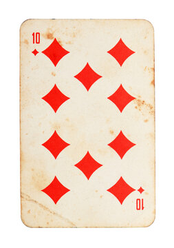 Old vintage Ten of Diamonds playing card isolated on white.