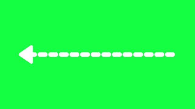 White animated dashed arrow pointing left on a green screen background for video editing and compositing