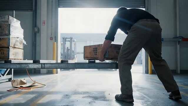 Worker Bending Over to Handle Wooden Pallet in Warehouse or Loading Dock