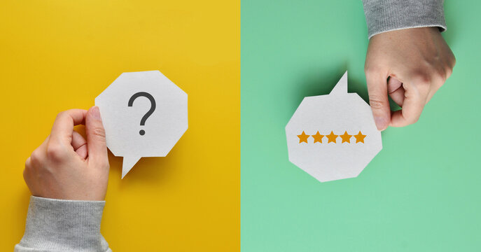 Question and five star review speech bubbles concept