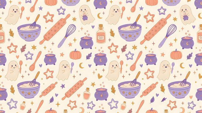 Whimsical Halloween baking pattern, cute ghost and kitchen tool seamless background, pastel autumn aesthetic wallpaper for seasonal decor Halloween