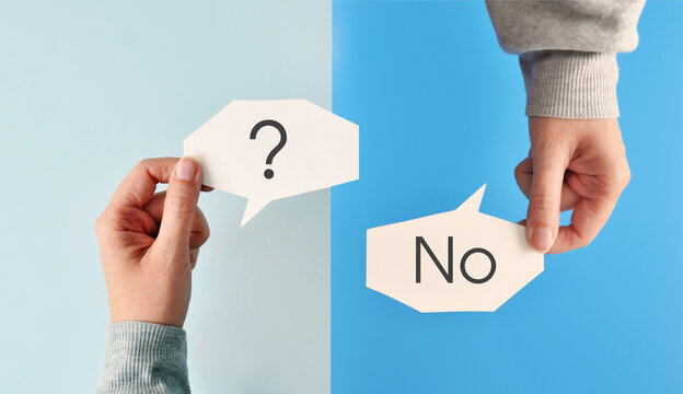 Question and No speech bubbles. Choice, rejection and decision making concept