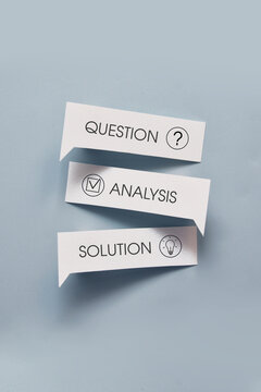 Question analysis and solution process with check icons. Problem solving workflow concept