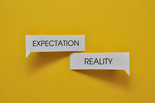Expectation versus reality speech bubbles. Difference between expectations and real outcome