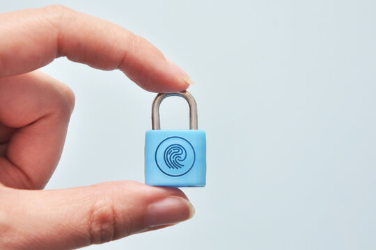 Blue padlock with fingerprint symbol. Biometric security and identity protection concept