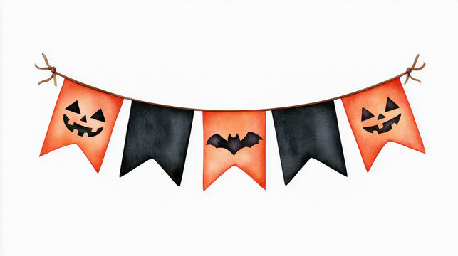 Halloween banner pennant flag pumpkin bat orange black watercolor hand drawn craft decoration for festive party background
