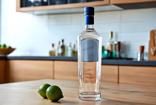 Clear glass liquor bottle with blue cap and two fresh green limes on a wooden kitchen counter, the background features a modern kitchen interior with blurred cabinets and bottles
