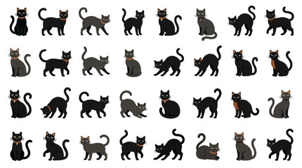 Obraz premium Cute Cartoon Cat Collection. Black and Grey Feline Characters with Orange Collars. Vector Set of Domestic Pets in Various Poses for Design. isolated on White Background