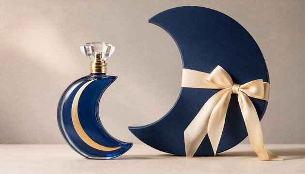Blue crescent moon shaped perfume bottle with a matching gift box and ribbon