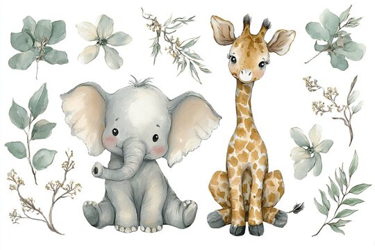baby elephant and giraffe clipart set
