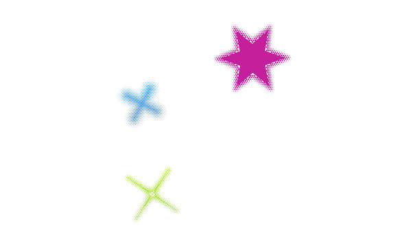 Collection of colorful halftone stars and sparkles for dynamic creative graphic design layouts.