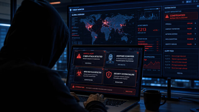 Hacker in a dark hoodie works on a laptop with cyberattack warning screens and world map data displayed on multiple monitors in a dimly lit room.
