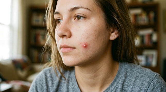 Young Woman with Acne on Her Face Looking Thoughtful.