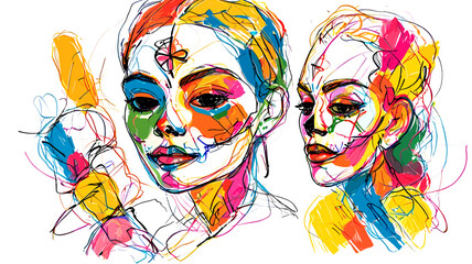 Vibrant abstract sketch of two female faces with colorful brushstrokes and expressive lines on a white background, showcasing artistic beauty.