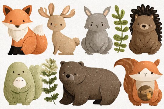 kawaii-style forest animal clipart set