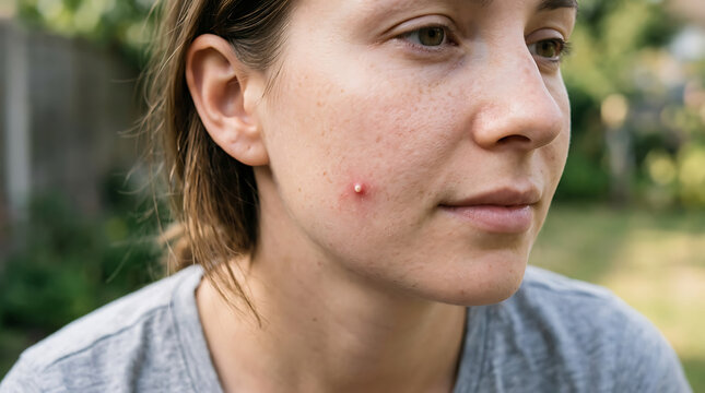 Closeup of a young womans face with a red pimple on her cheek.