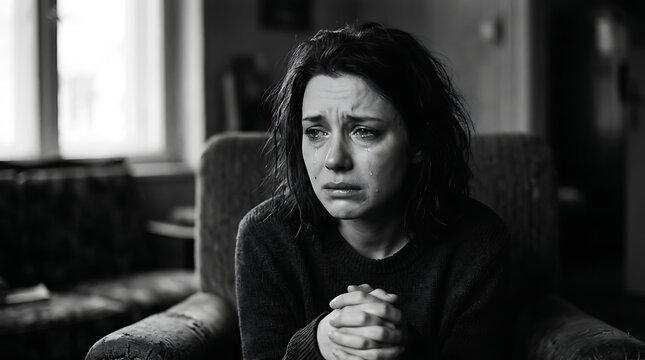Young Woman Crying Deeply While Sitting Alone Indoors.