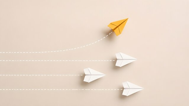 Financial growth and premium investment opportunity shown by golden paper airplane diverging towards success