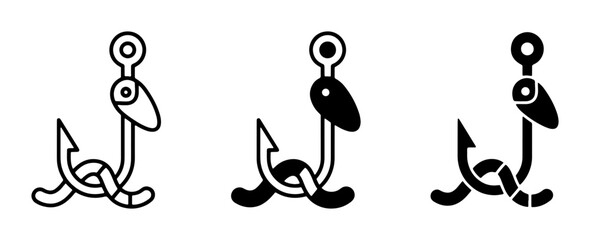 Obraz premium Fishing Hook Icons Set, Angling Tool Vector Graphics, Bait Hook Symbol Collection, Simple Outline and Solid Fill Designs