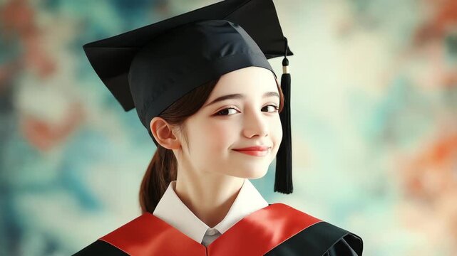 Happy young woman celebrating academic achievement with cap and gown.