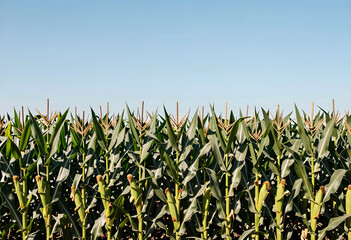 Obraz premium Green cornfield with maturing ears and tassels under a clear blue sky, Agriculture and farming