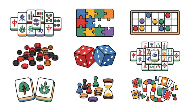 Hand drawn board games and puzzles icon set with mahjong tiles dice jigsaw pieces hourglass tokens playing cards and strategy game path vector elements