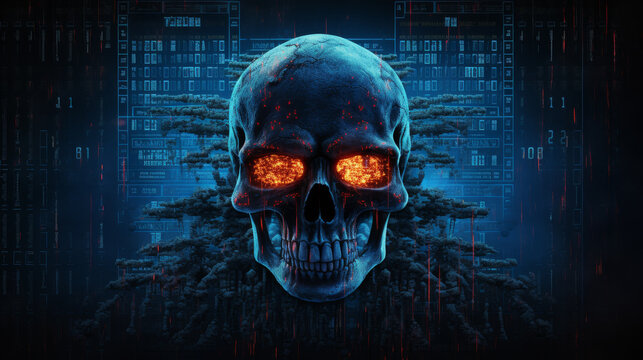 Glowing Cyber Skull in Digital Technology Background