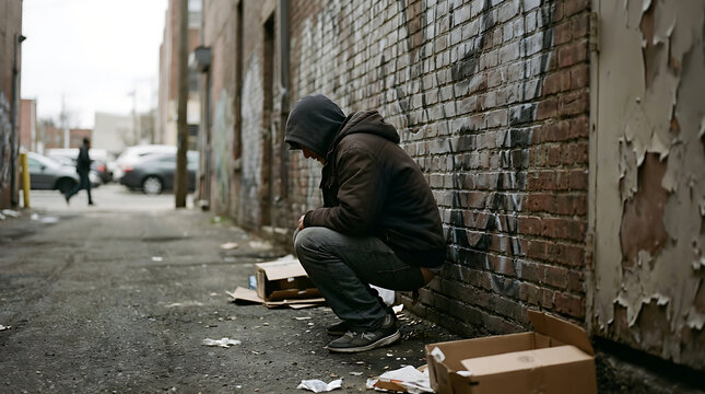 Hooded figure crouches in a gritty urban alleyway.