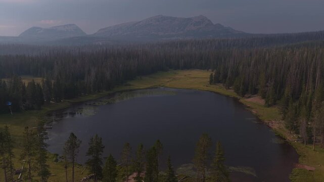 Aerial of alpine lake and forest in Uinta Wasatch Cache National Forest with mountain backdrop in Utah in summer with dark skies