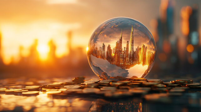 Future City Reflected Inside Crystal Glass Sphere
