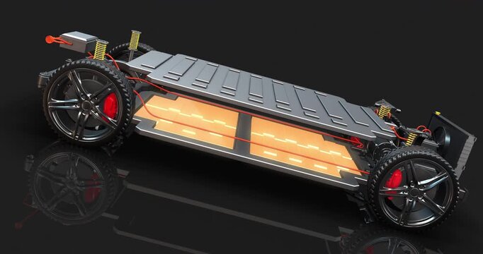 High speed electric car to dashboard start button battery and motor. Detailed 3D render of EV engine parts.