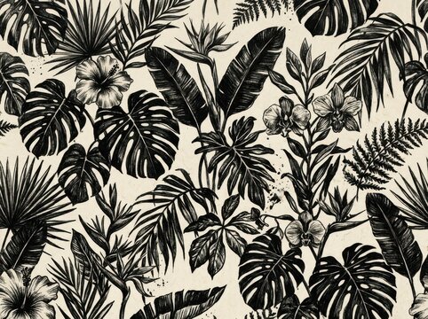 Tropical jungle seamless pattern with exotic flowers and palm leaves in a detailed handdrawn sketch style
