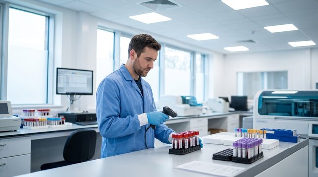 Laboratory Technologist Scanning Blood Specimen Tubes with Barcode Reader