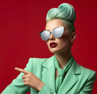 Avant-garde glamour fashion studio portrait of slicked hair model wearing reflective sunglasses and cyan collar jacket pointing to her right side on dark red background