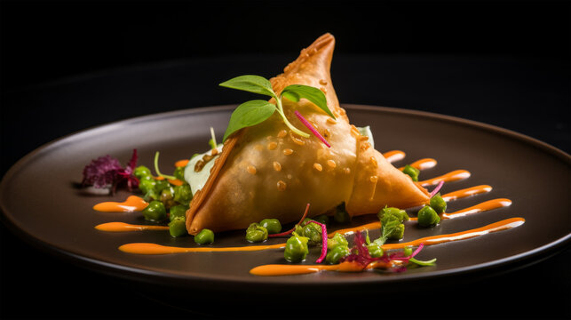 Gourmet Samosa Appetizer with Colorful Sauce Garnish
