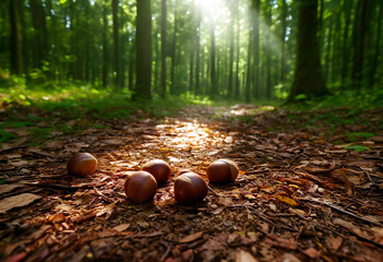 Obraz premium Chestnuts on forest floor with sun rays, autumn nature and woodland environment, seasonal harvest and natural beauty