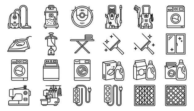 Home appliances and cleaning equipment black line icon vector set featuring laundry washing machine vacuum cleaner and household tools