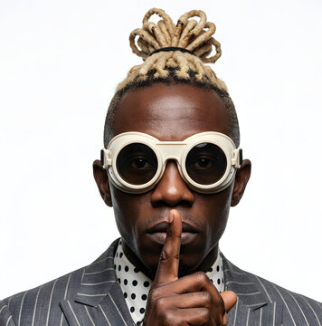 African man with tied dreadlock hair braids putting his finger to lips shush hush quiet portrait white background
