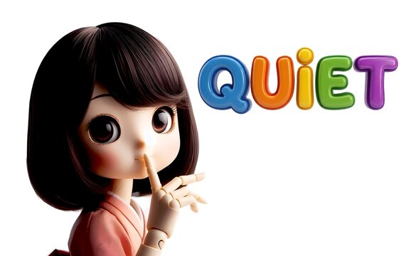 Smooth 3d-render girl putting  her finger to lips shush hush quiet illustration white background