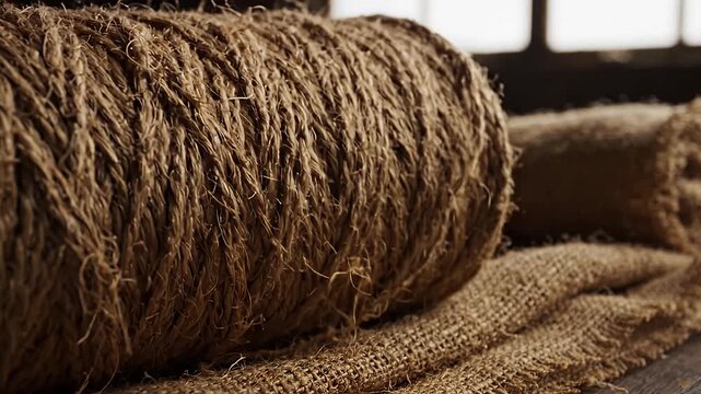 Close up of jute rope roll and burlap.