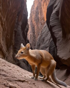 A  dhole   rat genetic hybrid experiment ai-generated, fictional species  in a gravity bent canyon